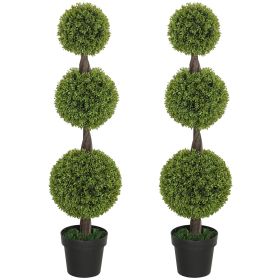HOMCOM 2 PCS 45.3" Topiary Balls Boxwood Topiary Plants, 3 Ball Fake Plants in Pots for Indoor Outdoor Living Room, Green