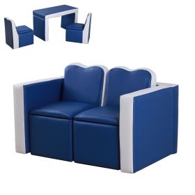 Qaba Blue Kids Sofa 2-in-1 Table Chair Set Convertible Couch with Storage Box for Playroom Soft and Sturdy