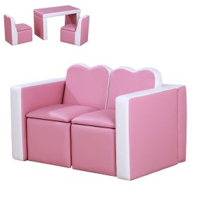 Qaba Pink 2-in-1 Kids Sofa Chair Set Multi-Functional Couch with Storage for Children's Bedroom Soft Seating