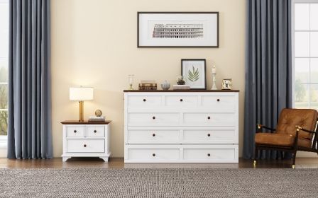 Solid Pine Murphy Bed Chest with Charging Station and Large Storage Drawer for Home Office or Small Room , Full, White+Walnut