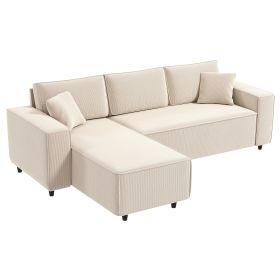 Corner Sofa With Reversible Chaise Lounge, Corduroy L-Shaped Sectional Sofa With Pocket Spring, Cream White (Color: White)