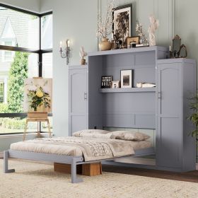 Queen Size Murphy Bed, Wooden Queen Wall Bed with 2 Wardrobe and Storage Shelf, Multifunctional Foldable Platform Bedframe for Guest-Room, Bedroom (Color: as Pic)