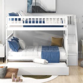 Full over Full Bunk Bed with Trundle and Staircase (Color: White)