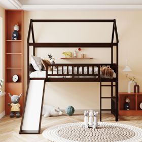 Twin Loft Bed with Slide;  House Bed with Slide (Color: Espresso)